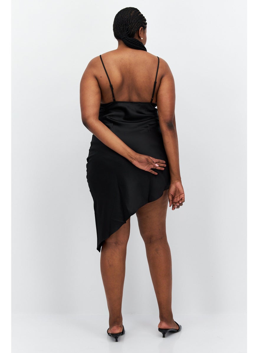 Flounce London - Women Plus Size Plain Asymmetric Hem Mini Dress, Black - Image 1