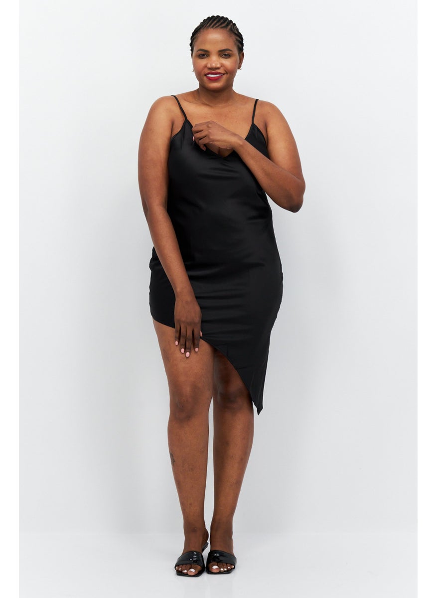 Flounce London - Women Plus Size Plain Asymmetric Hem Mini Dress, Black - Image 1