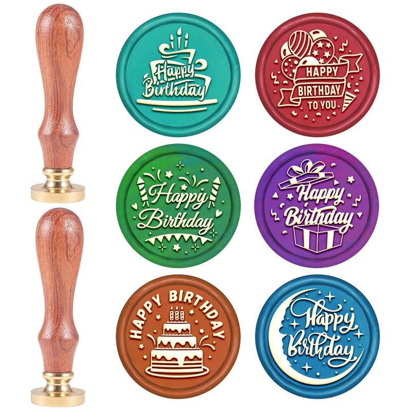 SUPERDANT 6 PCSSet 098 Birthday Wax Seal Stamp Kit Happy Birthday Wax Sealing Stamp Birthday Cake Brass Head Stamp 2 Wooden Handle for Gifts Envelopes Card Without Wax