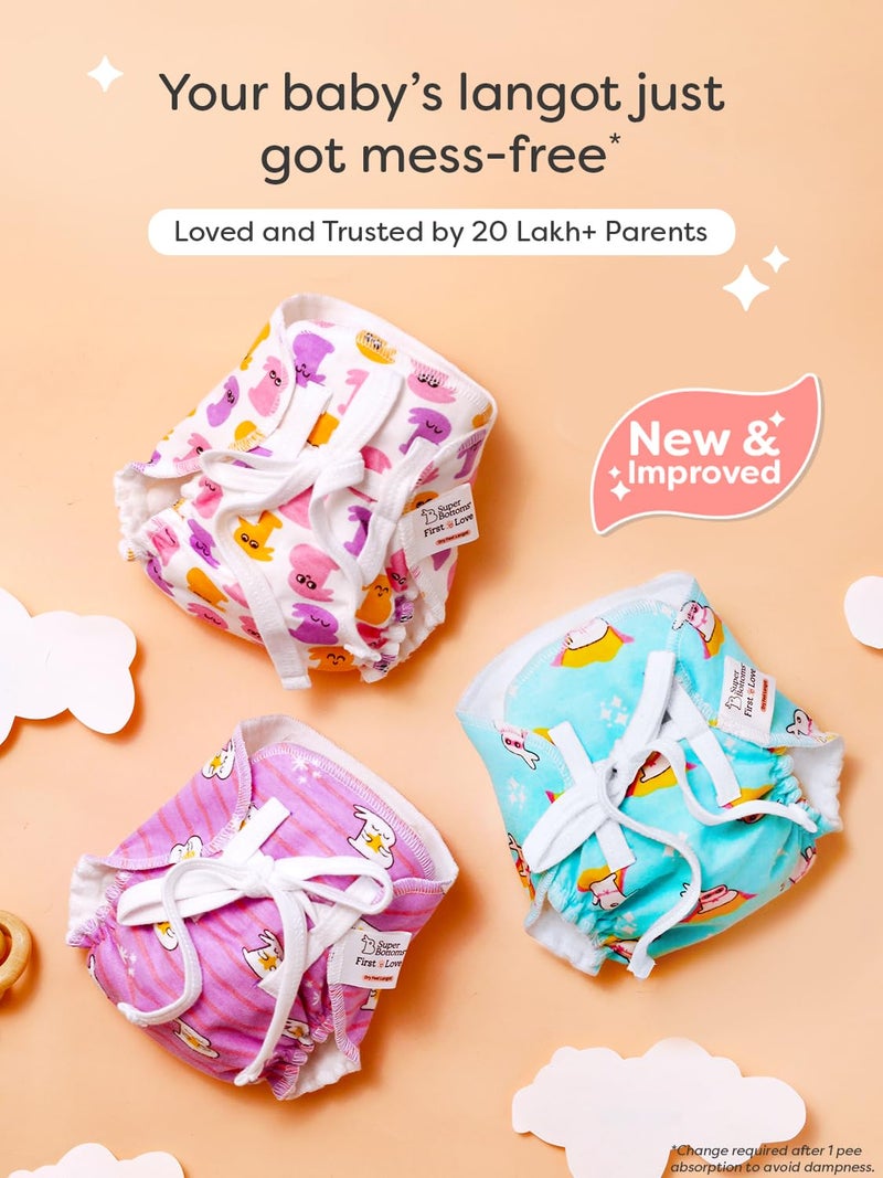 SuperBottoms DryFeel Baby Langot 0-6 months l Organic Cotton Modern Baby Nappy l Mess-free Langot with Gentle Elastics l Super DryFeel Top Layer l Diaper-free Time Essential | 3 Pack - Image 2