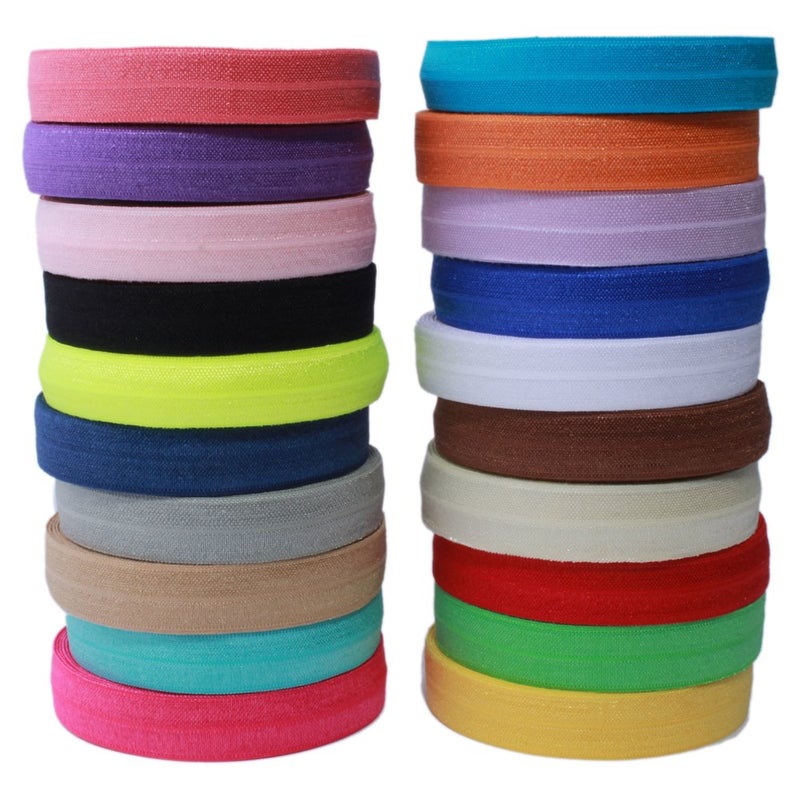 BASOKAN Solid Color Sewing Fold Over Elastic Stretch FOE and Foldover FOE Trim Elastic Ribbon by the yard for Hair Ties Headbands (5/8 inch, 1.5 cm, 20 Yards, Mix 20 Colors) - Image 1