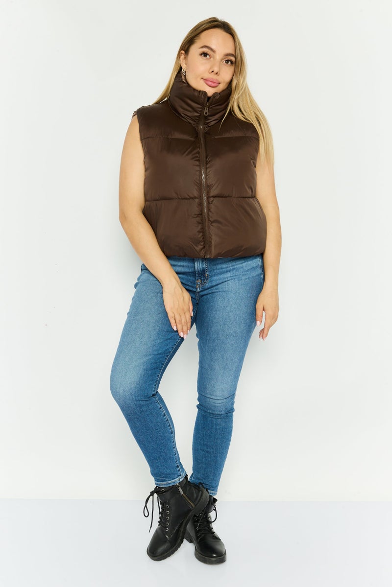 Women Reversible Quilted Puffer Jacket Vest, Brown
