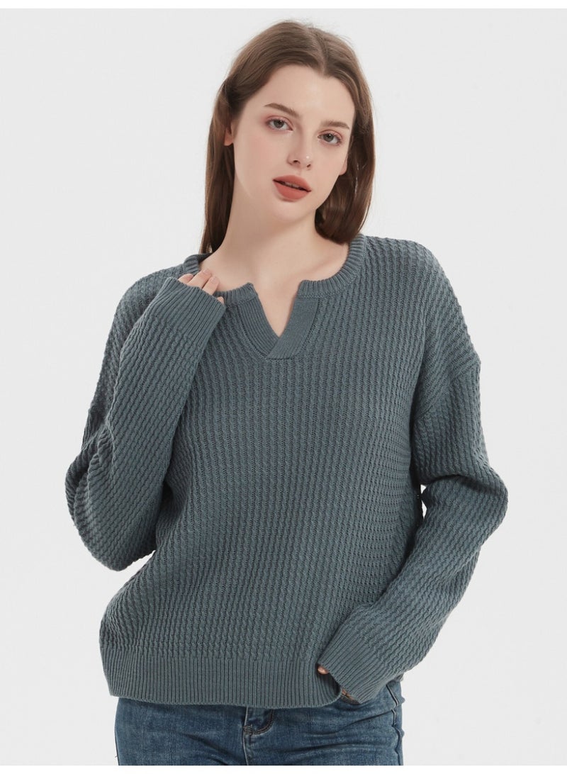 NIBEMINENT Autumn Women's Sweaters Solid Color Full Sleeve Thick Warm Elegant Chic Pullover  V-Neck Loose Casual Knitting Outwear - Image 2