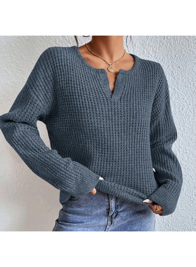 NIBEMINENT Autumn Women's Sweaters Solid Color Full Sleeve Thick Warm Elegant Chic Pullover  V-Neck Loose Casual Knitting Outwear - Image 1