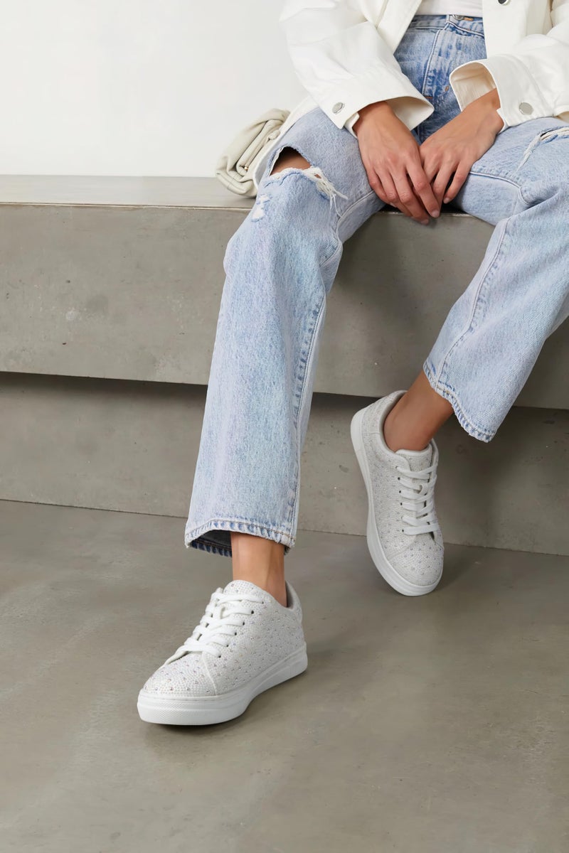 PARTY Women's Wedding Rhinestone Glitter Sneakers Low Top Platform Lace Up Comfortable Walking Shoes,White Pearl,7 - Image 3