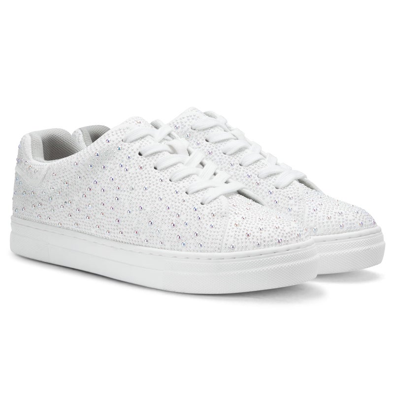 PARTY Women's Wedding Rhinestone Glitter Sneakers Low Top Platform Lace Up Comfortable Walking Shoes,White Pearl,7 - Image 1