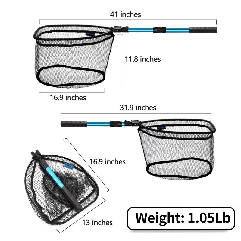 SAN LIKE Collapsible Telescopic Pole Fishing Net - Folding Extend Rubber Coated Freshwater Saltwater Landing Net for Trout Bass Steelhead Salmon Kayak (SD-139S(1.1M)) - Image 2