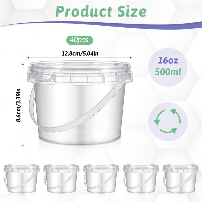 Zyghjort 40 Pcs 16oz Clear Plastic Buckets with Handles and Lids, 16oz Mini Drinking Buckets Reusable Ice Cream Tub Airtight Food Storage Container Pails for Kitchen, Party Snacks, Camping Drinks, Small Items - Image 2