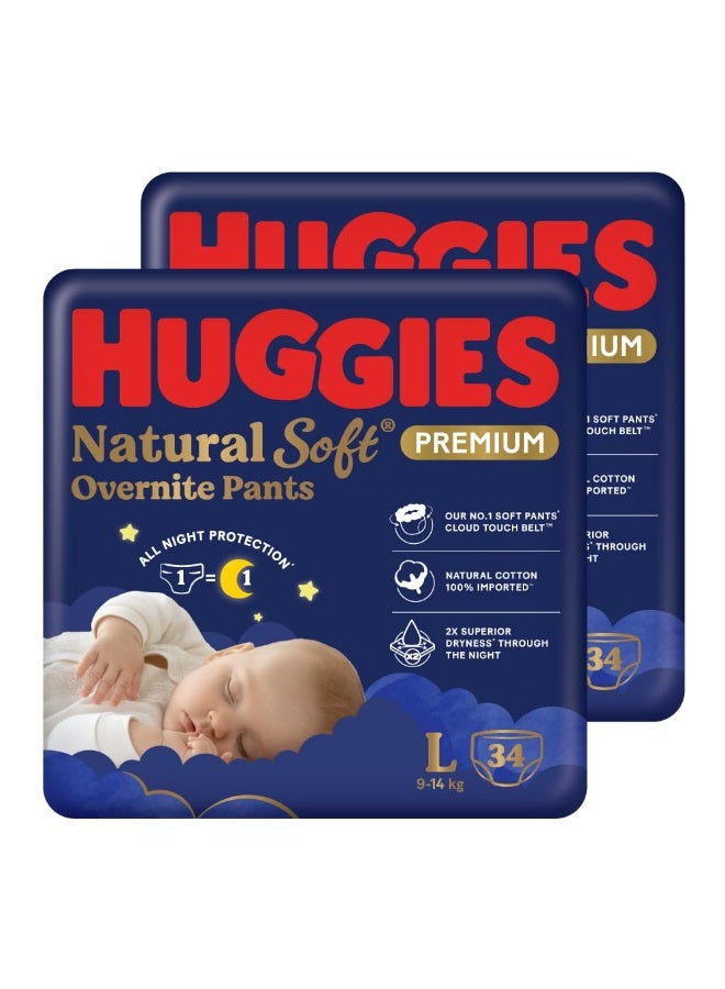 Huggies Natural Soft Overnite Diaper Pants| Premium Pant Style Baby Diapers Medium Size (L Size | 9-14 Kgs), 34 count| Keeps baby dry all night with cloud softness all over (Pack of 2) - Image 1