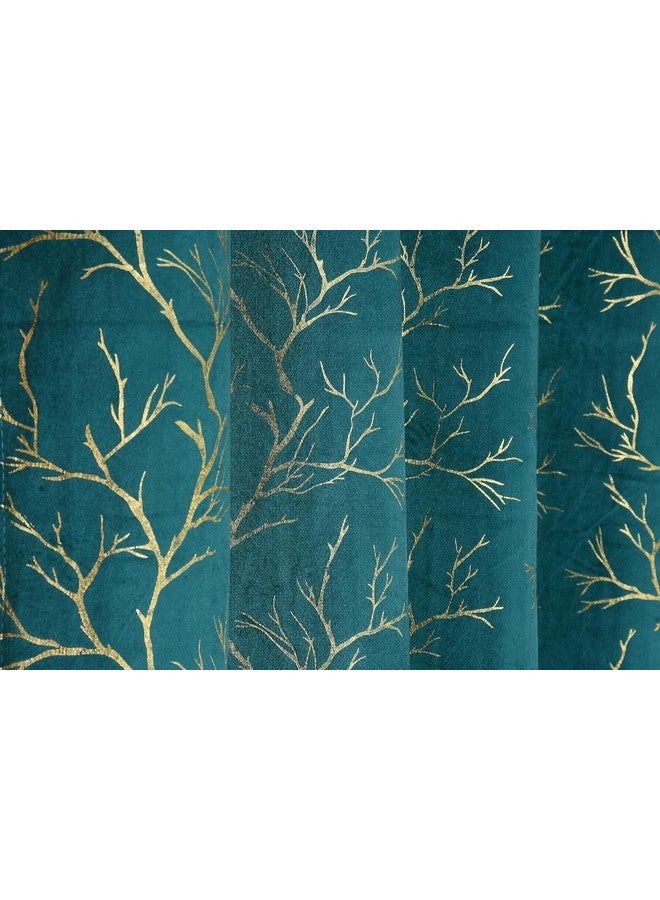 Fabrilia Gold Foil Print Velvet Curtains for 7 Feet Door, Teal, Pack of 1 Piece - Image 4