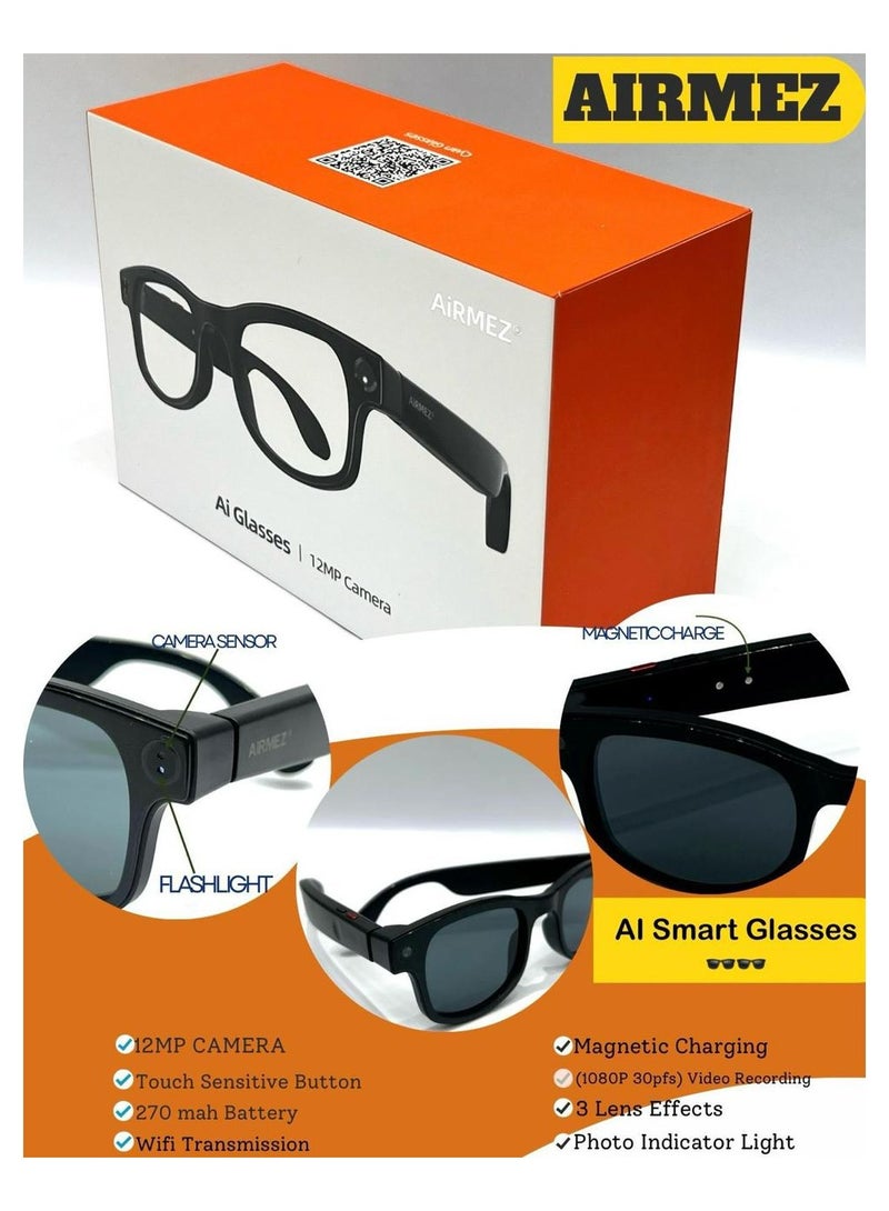 أيرمز نظارات Airmez S1 الذكية المزودة بالذكاء الاصطناعي | تسجيل فيديو عالي الدقة بدقة 12 ميجابكسل مع تحكم صوتي، ترجمة فورية، تصميم أنيق ومريح، ميكروفون عازل للضوضاء، بلوتوث، وشحن مغناطيسي - Image 2