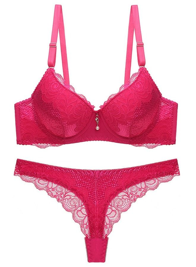 Loquat Comfy Solid Color B C Cup Lace Bra Panty Set Red 