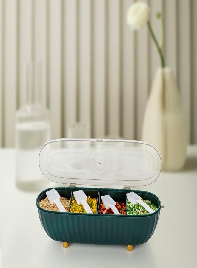 JOYSTER Multipurpose Plastic 4 in 1 Masala Box for Kitchen, Transparent Pickel Box, 4 Compartment Storage Container Airtight for Cereal, Dry Fruits 4 Compartment with 4 Spoon - Image 1