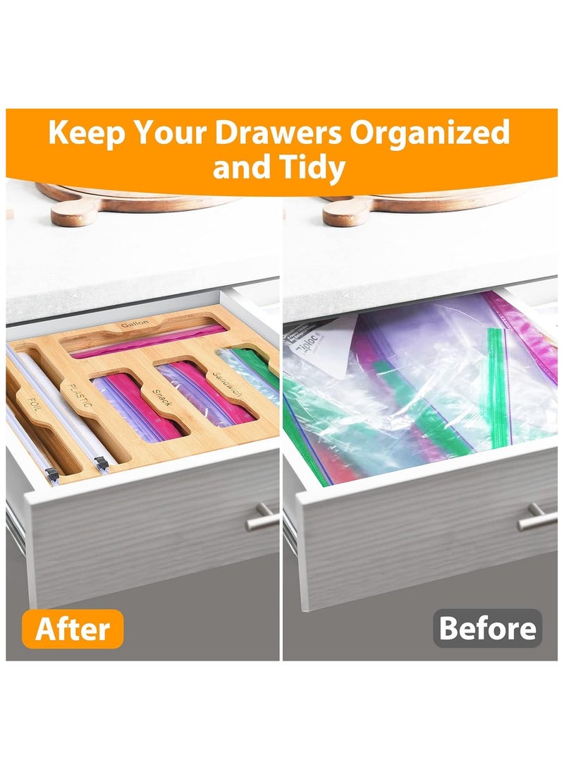 منظم تغليف بلاستيكي ورقائق معدنية 6 في 1 منظم تخزين اكياس بسحاب للمطبخ، موزع رقائق الالومنيوم والخيزران مع قطاعة للجالون والربع والساندويتشات والوجبات الخفيفة - Image 2