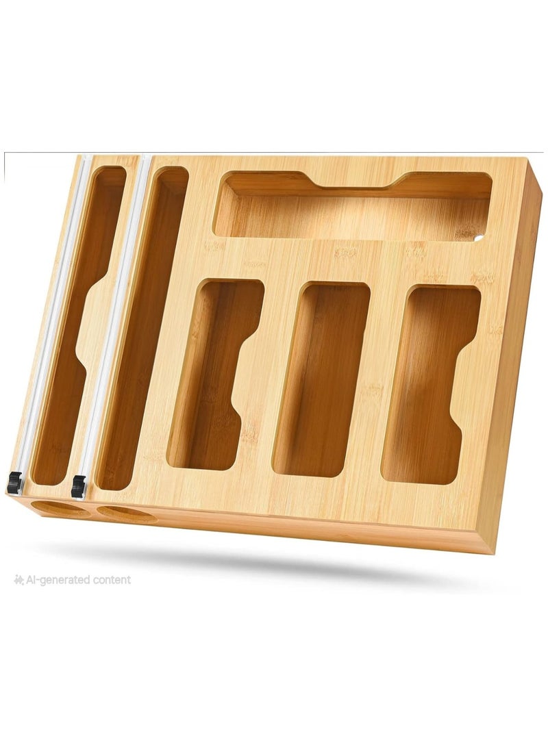 منظم تغليف بلاستيكي ورقائق معدنية 6 في 1 منظم تخزين اكياس بسحاب للمطبخ، موزع رقائق الالومنيوم والخيزران مع قطاعة للجالون والربع والساندويتشات والوجبات الخفيفة - Image 1