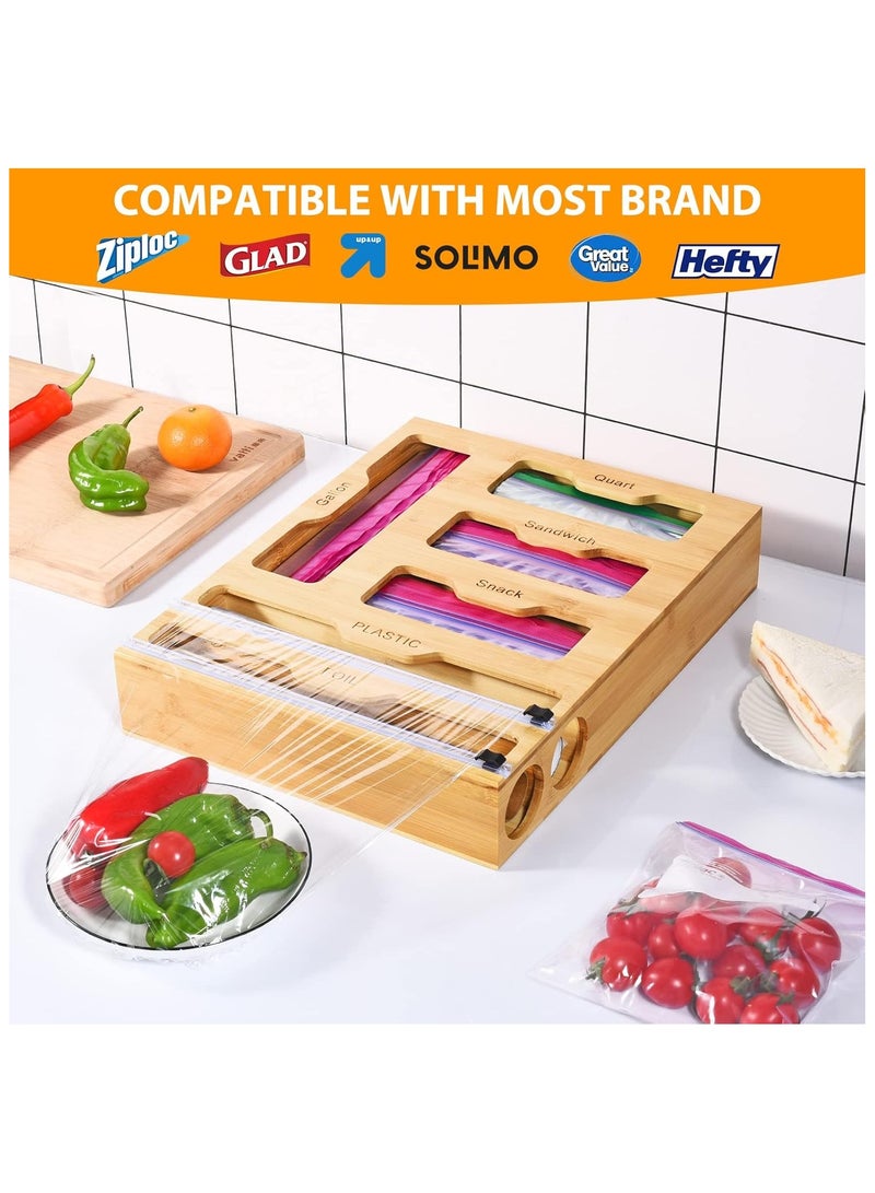 منظم تغليف بلاستيكي ورقائق معدنية 6 في 1 منظم تخزين اكياس بسحاب للمطبخ، موزع رقائق الالومنيوم والخيزران مع قطاعة للجالون والربع والساندويتشات والوجبات الخفيفة - Image 3
