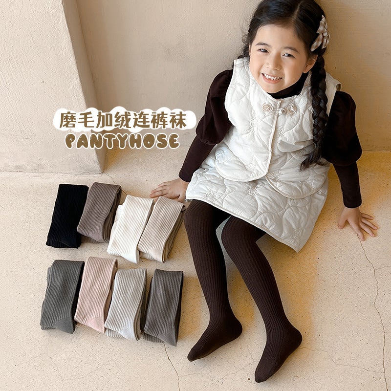 Girls' Thin Velvet Scrub Pantyhose Korean-Style All-Match Vertical Stripe Large Elastic Warm Leggings Grey Base - Image 5
