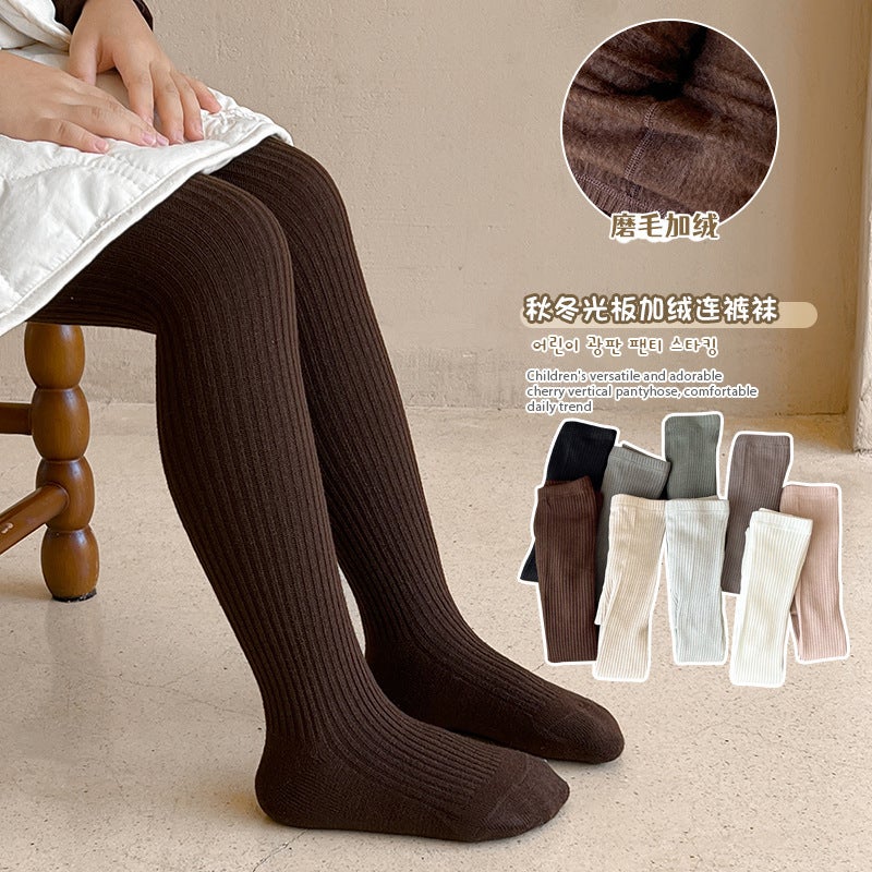 Girls' Thin Velvet Scrub Pantyhose Korean-Style All-Match Vertical Stripe Large Elastic Warm Leggings Grey Base - Image 2