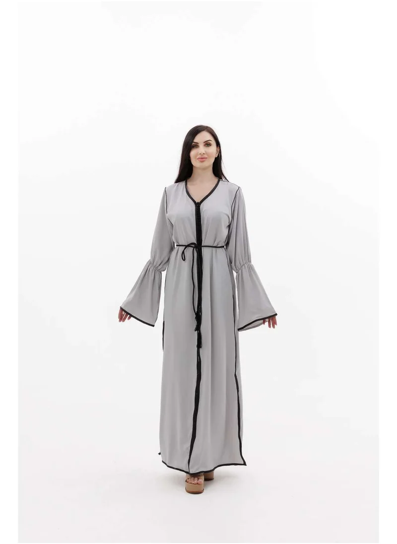 HANA & SARA LONG CLASSY SIMPLE SOLID GREY COLOUR FRONT BUTTONED LACE ARABIC KAFTAN JALABIYA DRESS