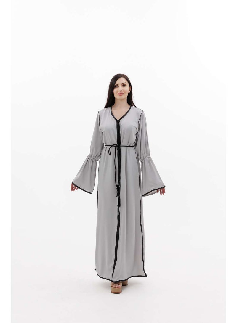 HANA & SARA LONG CLASSY SIMPLE SOLID GREY COLOUR FRONT BUTTONED LACE ARABIC KAFTAN JALABIYA DRESS  - Image 1