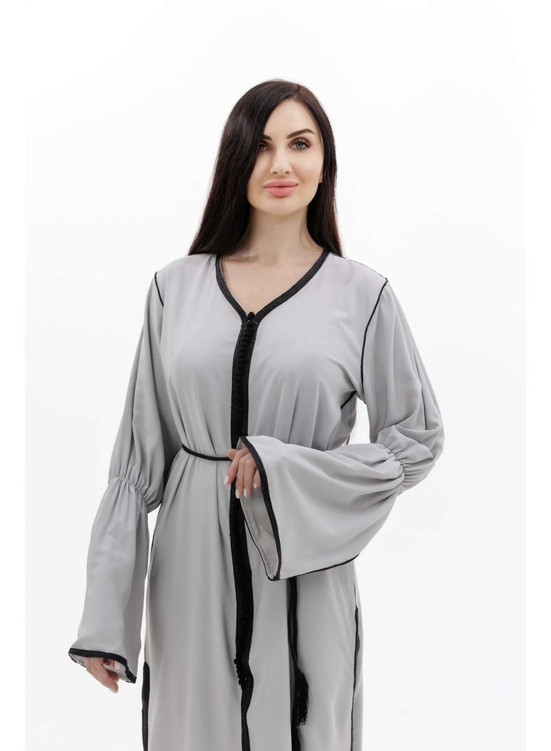 HANA & SARA LONG CLASSY SIMPLE SOLID GREY COLOUR FRONT BUTTONED LACE ARABIC KAFTAN JALABIYA DRESS  - Image 3