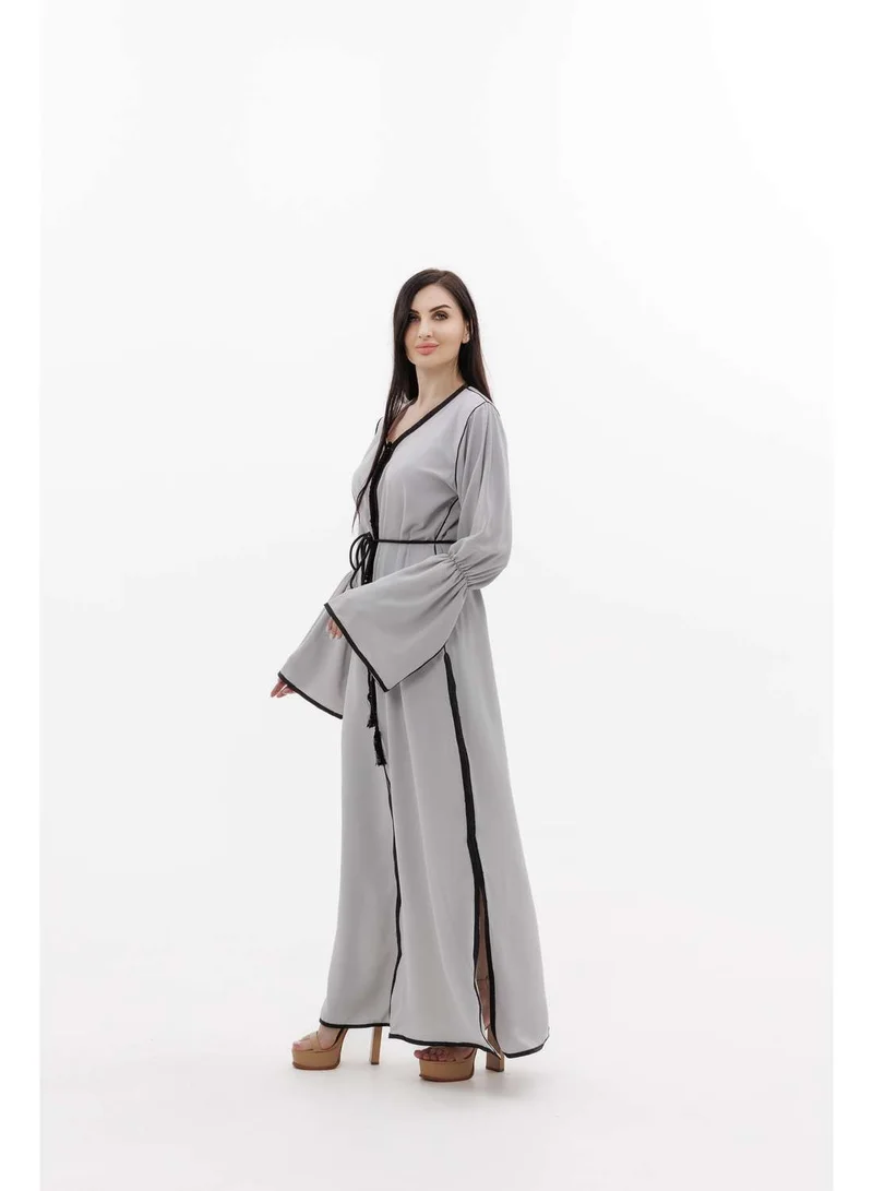 HANA & SARA LONG CLASSY SIMPLE SOLID GREY COLOUR FRONT BUTTONED LACE ARABIC KAFTAN JALABIYA DRESS