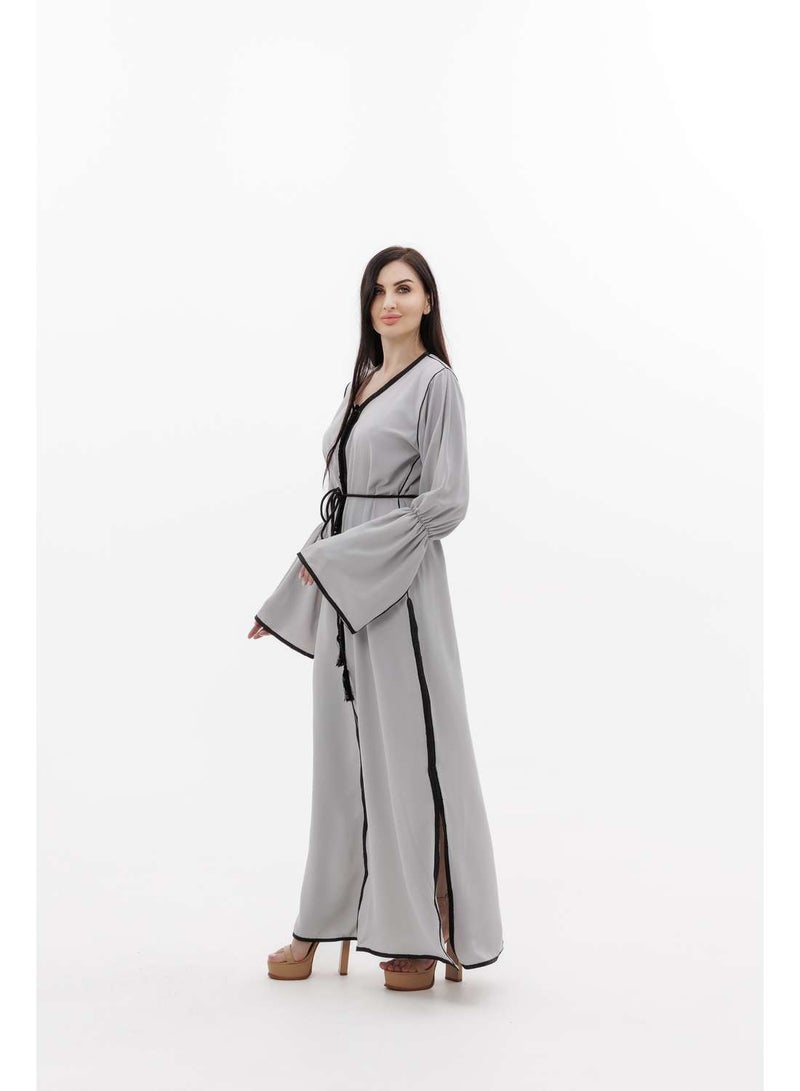 HANA & SARA LONG CLASSY SIMPLE SOLID GREY COLOUR FRONT BUTTONED LACE ARABIC KAFTAN JALABIYA DRESS  - Image 5