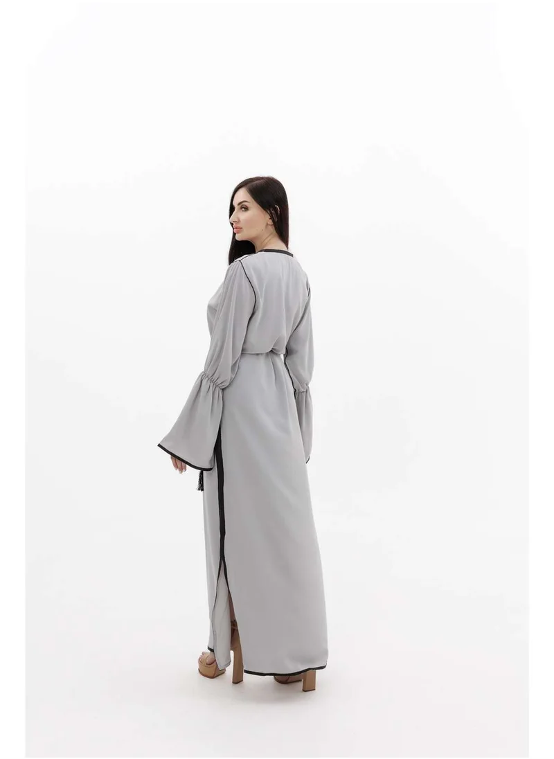 HANA & SARA LONG CLASSY SIMPLE SOLID GREY COLOUR FRONT BUTTONED LACE ARABIC KAFTAN JALABIYA DRESS