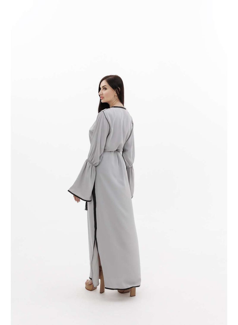 HANA & SARA LONG CLASSY SIMPLE SOLID GREY COLOUR FRONT BUTTONED LACE ARABIC KAFTAN JALABIYA DRESS  - Image 2