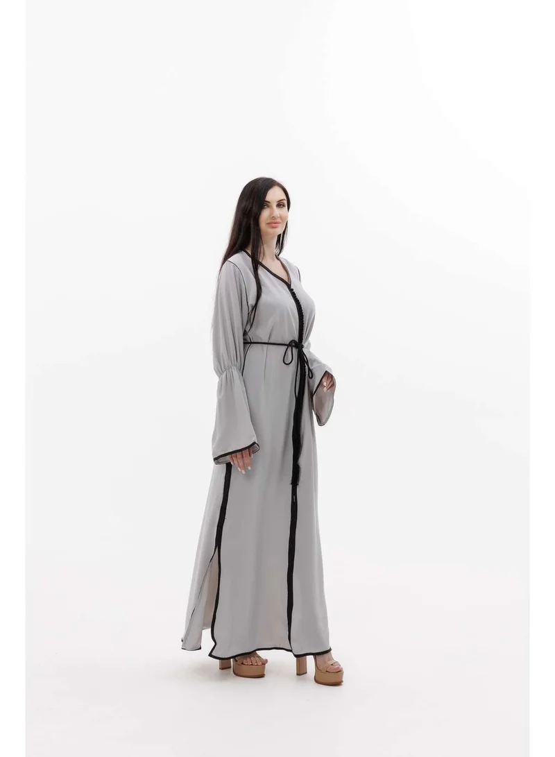 HANA & SARA LONG CLASSY SIMPLE SOLID GREY COLOUR FRONT BUTTONED LACE ARABIC KAFTAN JALABIYA DRESS