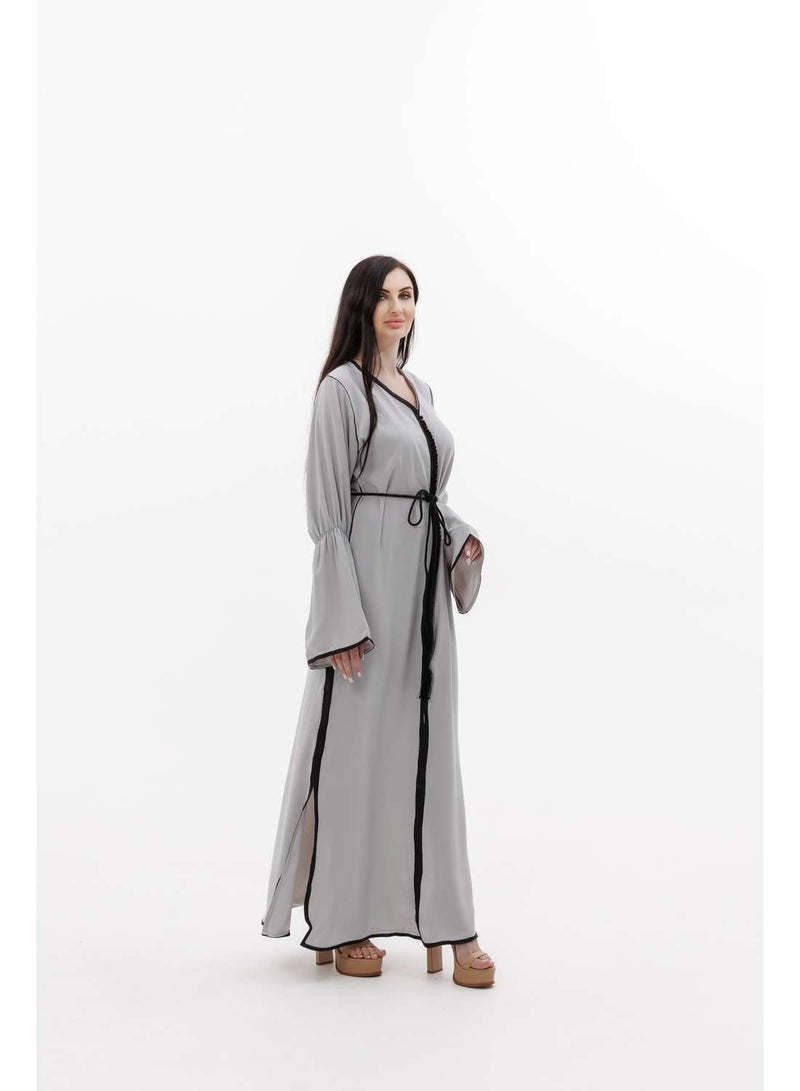 HANA & SARA LONG CLASSY SIMPLE SOLID GREY COLOUR FRONT BUTTONED LACE ARABIC KAFTAN JALABIYA DRESS  - Image 4