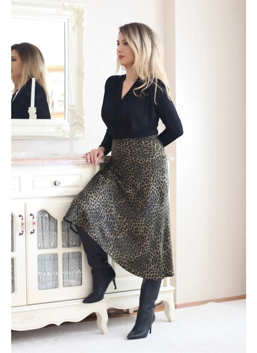 ريتنيس Women's Green Leopard Midi Satin Skirt
