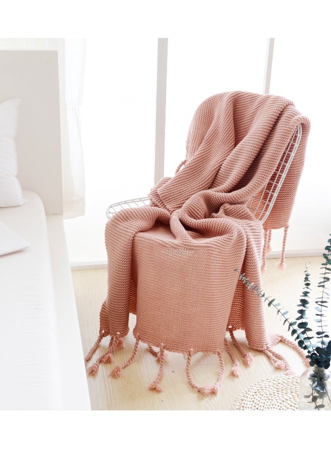 بطانية محبوكة بسيطة بلون ثابت من القطن باللون الوردي - Image 1