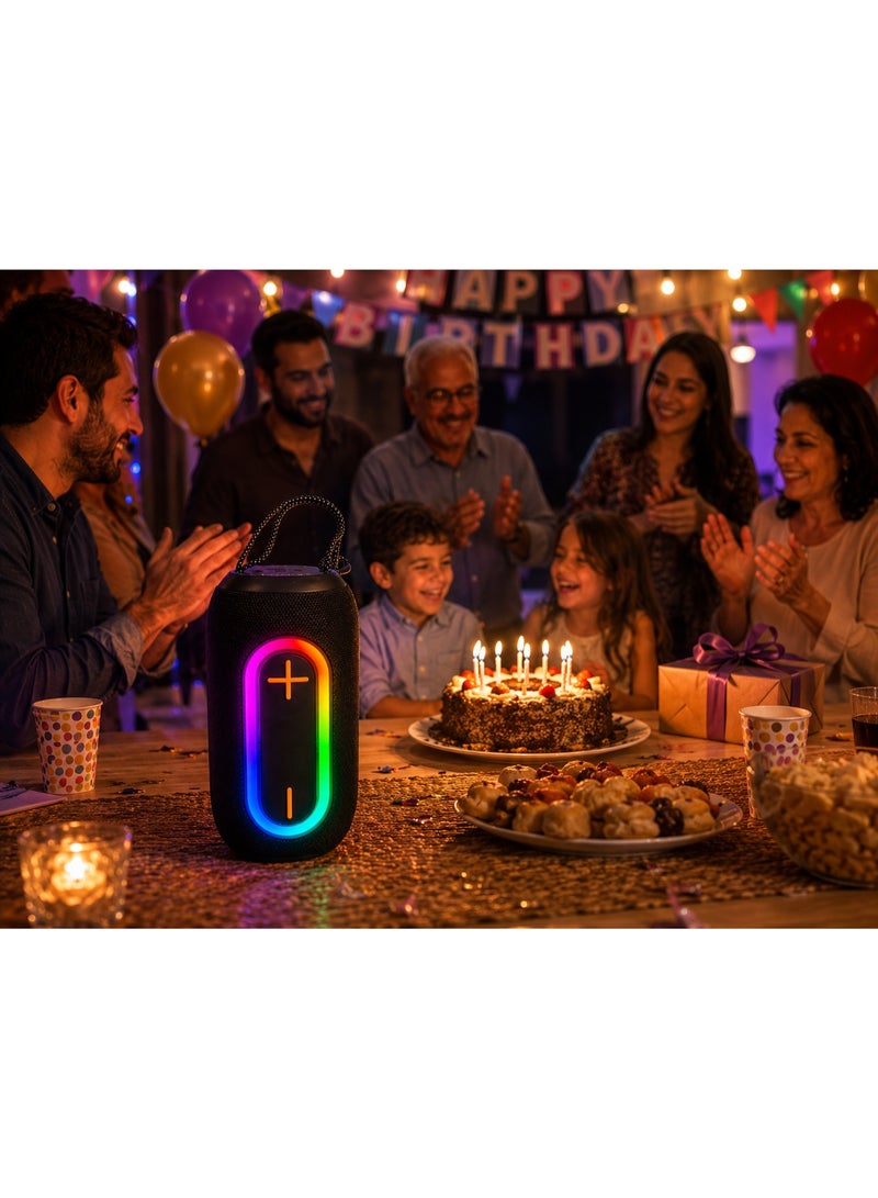 Gamma GT-714 Portable Wireless Speaker – Powerful Stereo Sound with  5W Speaker, Dynamic RGB Lighting Effects, Bluetooth Wireless Audio Streaming, USB, TF Card & Type-C Charging Support, Built-in 1200mAh Rechargeable Battery, Up to2-3 Hours Playtime, Durable ABS Construction, Convenient Carry Handle, Ideal for Home, Travel, Outdoor Parties & Everyday Entertainment – Black - Image 4