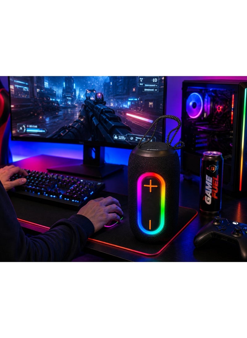 Gamma GT-714 Portable Wireless Speaker – Powerful Stereo Sound with  5W Speaker, Dynamic RGB Lighting Effects, Bluetooth Wireless Audio Streaming, USB, TF Card & Type-C Charging Support, Built-in 1200mAh Rechargeable Battery, Up to2-3 Hours Playtime, Durable ABS Construction, Convenient Carry Handle, Ideal for Home, Travel, Outdoor Parties & Everyday Entertainment – Black - Image 3