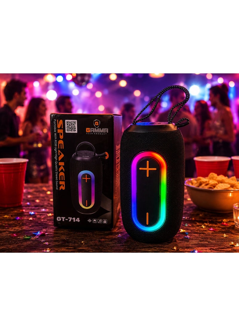 Gamma GT-714 Portable Wireless Speaker – Powerful Stereo Sound with  5W Speaker, Dynamic RGB Lighting Effects, Bluetooth Wireless Audio Streaming, USB, TF Card & Type-C Charging Support, Built-in 1200mAh Rechargeable Battery, Up to2-3 Hours Playtime, Durable ABS Construction, Convenient Carry Handle, Ideal for Home, Travel, Outdoor Parties & Everyday Entertainment – Black - Image 2