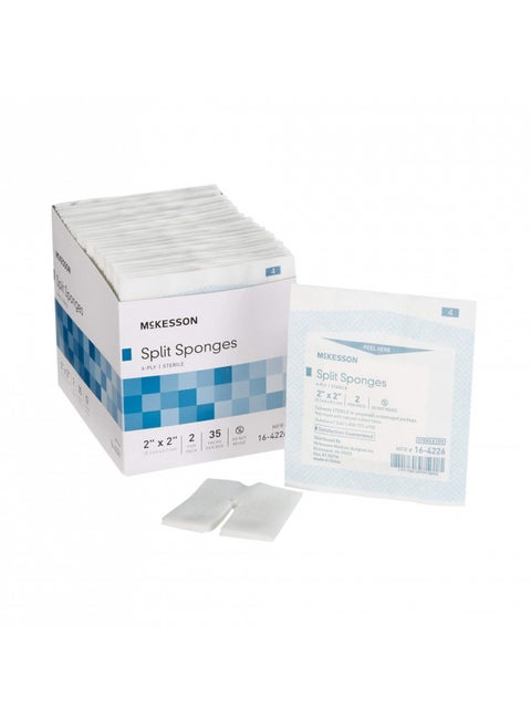 McKesson Split Sponges, Sterile, 100% Cotton, I.V. Drain Split Dressing, 2 in x 2 in, 2 Per Pack, 35 Packs, 70 Total
