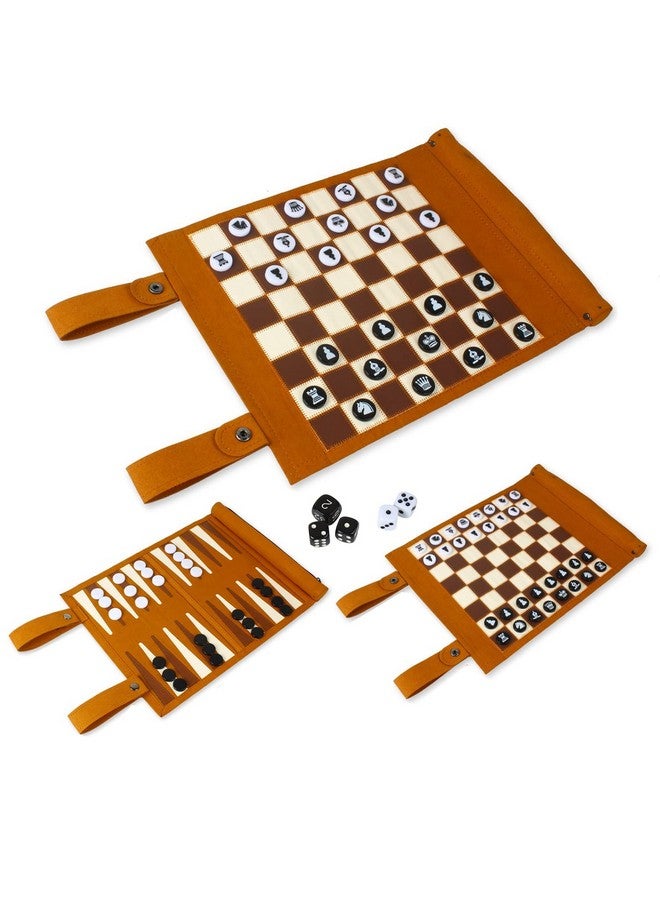 Andux Rollable Backgammon Board Game Microfiber Portable Chess Set PGSLQ-01 (3-in-1 Chess - Brown) - Image 1