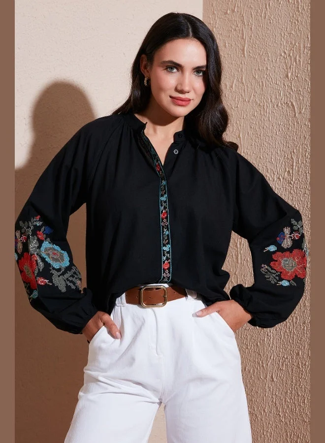 Lela Lela Embroidered Cotton Regular Fit Balloon Sleeve Summer Shirt Women's SHIRT 611BZ0173