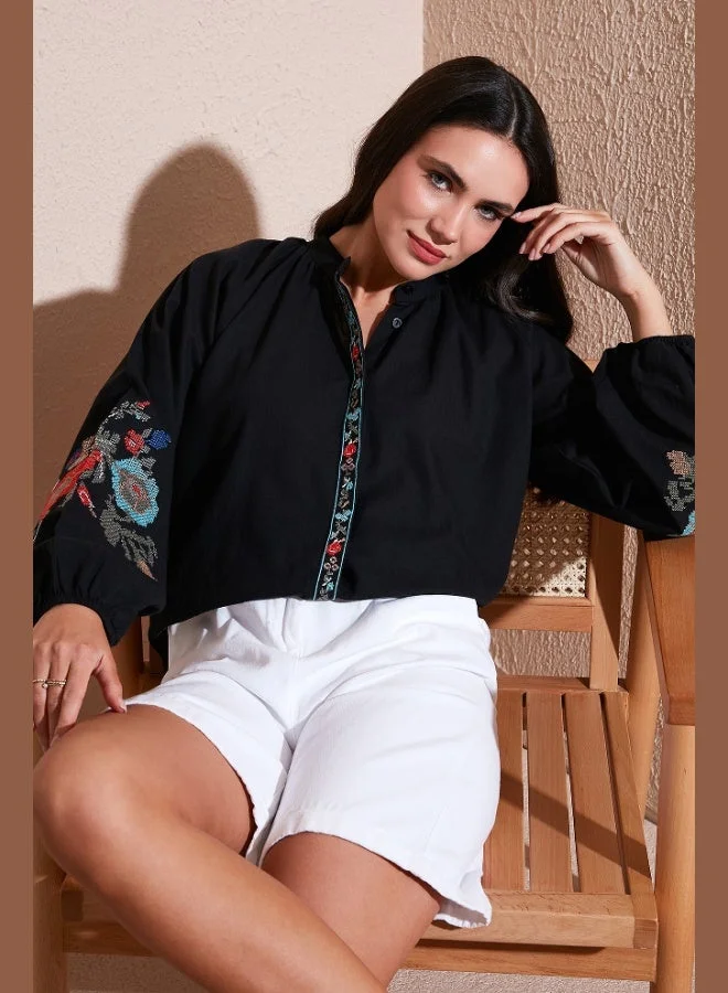 Lela Lela Embroidered Cotton Regular Fit Balloon Sleeve Summer Shirt Women's SHIRT 611BZ0173