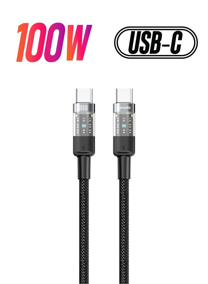 برودو كابل شحن سريع - 100 واط - من نوع USB C إلى USB C - مع رأس شفاف - طول 1.2 متر - لون اسود - بورودو - Image 1