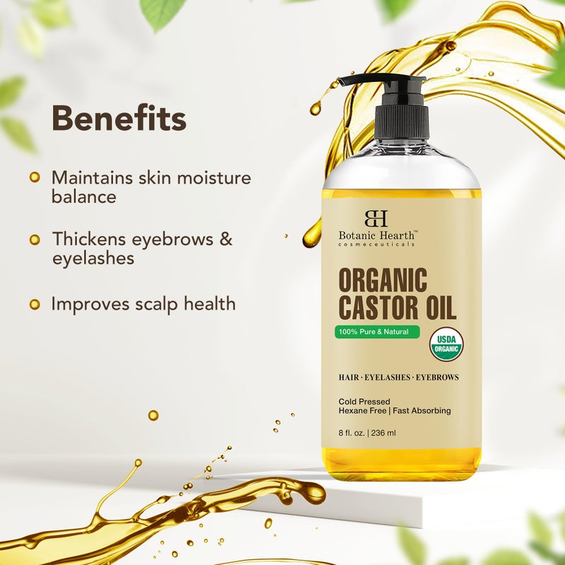 Botanic Hearth زيت الخروع من بوتانيك هيرث (زيت تصفيف، 8 أونصة سائلة) | معتمد من وزارة الزراعة الأمريكية كعضوي | 100% نقي وخالي من الهكسان | معصور على البارد | يعزز نمو الرموش والحواجب والشعر - Image 3