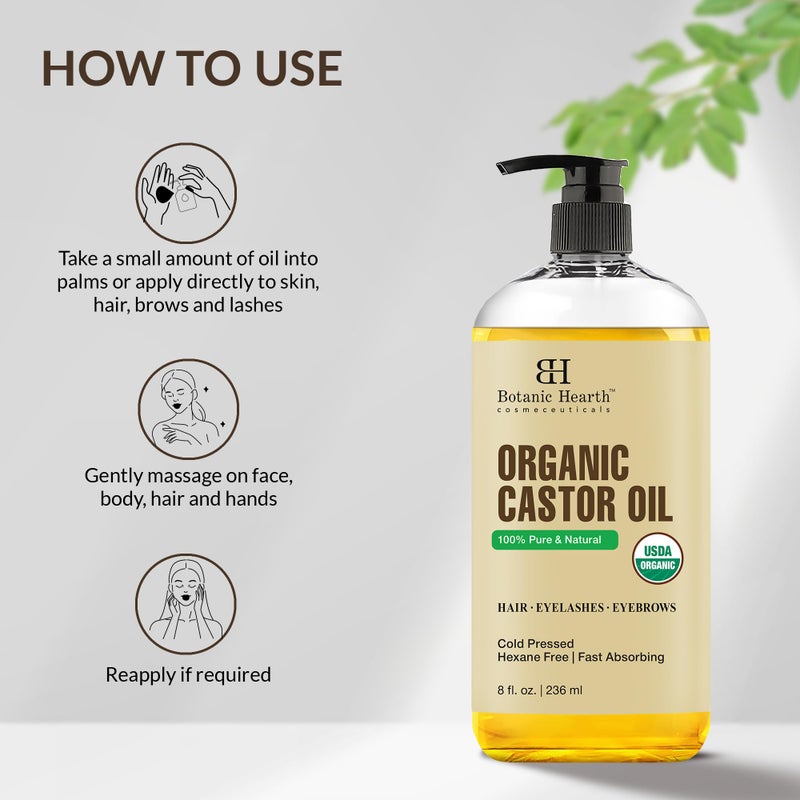Botanic Hearth زيت الخروع من بوتانيك هيرث (زيت تصفيف، 8 أونصة سائلة) | معتمد من وزارة الزراعة الأمريكية كعضوي | 100% نقي وخالي من الهكسان | معصور على البارد | يعزز نمو الرموش والحواجب والشعر - Image 4