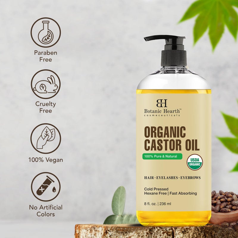 Botanic Hearth زيت الخروع من بوتانيك هيرث (زيت تصفيف، 8 أونصة سائلة) | معتمد من وزارة الزراعة الأمريكية كعضوي | 100% نقي وخالي من الهكسان | معصور على البارد | يعزز نمو الرموش والحواجب والشعر - Image 5