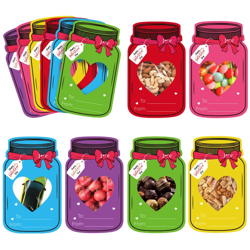 Labrostar 60Pcs Valentines Day Gifts for Kids Valentines Day Mason Jar Cards with Treat Bags for Valentines Exchange Cards Boys Girls Toddler School Classroom Activities Party Favors - Image 1