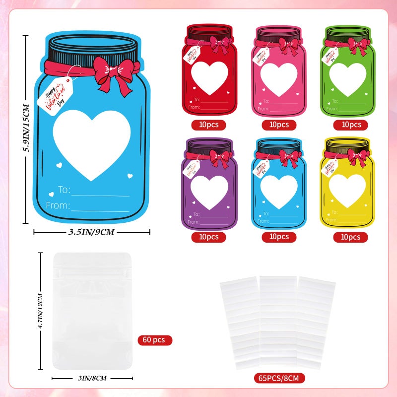 Labrostar 60Pcs Valentines Day Gifts for Kids Valentines Day Mason Jar Cards with Treat Bags for Valentines Exchange Cards Boys Girls Toddler School Classroom Activities Party Favors - Image 2