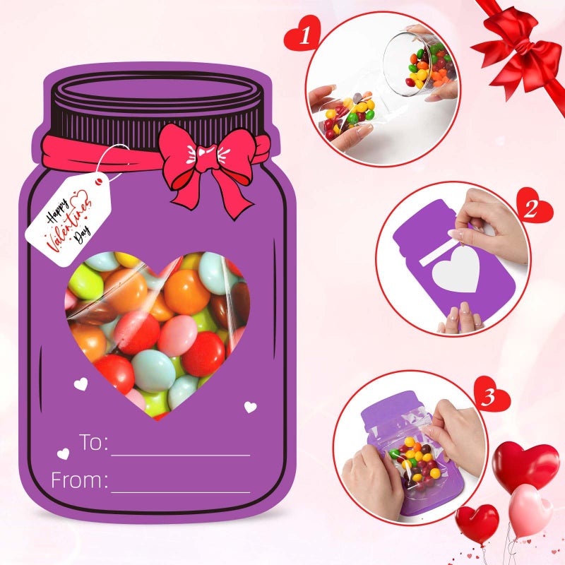 Labrostar 60Pcs Valentines Day Gifts for Kids Valentines Day Mason Jar Cards with Treat Bags for Valentines Exchange Cards Boys Girls Toddler School Classroom Activities Party Favors - Image 3