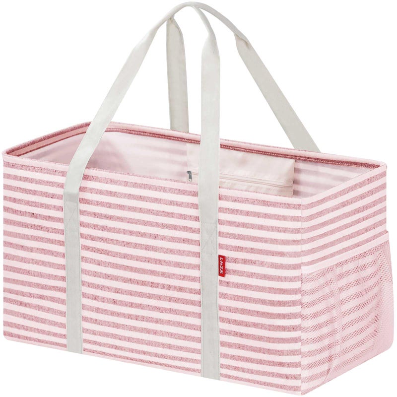 LHZK Standing Extra Large Utility Tote Bag with Metal Wire Frame and the Sides Rinforced, Extra Large Tote Bag with Handle, Reusable Grocery Bags Foldable, Beach Bag, Car Tote (Pink) - Image 1