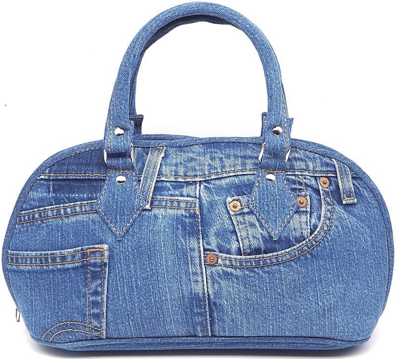 Bijoux de Ja Upcycling Blue Denim Trim Curved Shape Satchel Top Handle Handbag Purse (denim) - Image 3