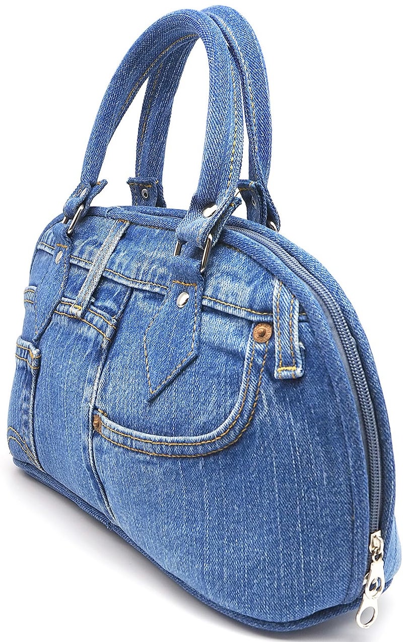Bijoux de Ja Upcycling Blue Denim Trim Curved Shape Satchel Top Handle Handbag Purse (denim) - Image 4